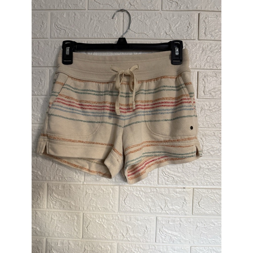 PrAna Cozy Up Shorts Womens XS Tan Striped French Terry Drawstring Lounge Yoga